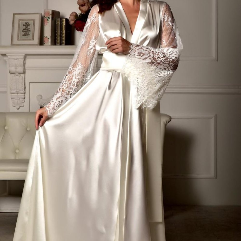 Long White Bridal Robe - White